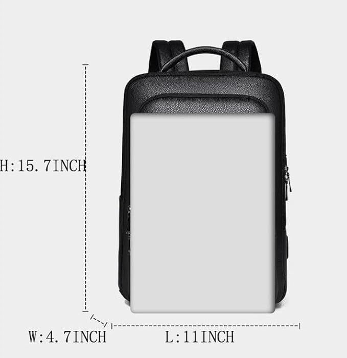CHAO RAN Leather Laptop Backpack for Men Fit 15.6 Inch Laptop, Business Work Office College Medium Backpack with USB Charging Port, Waterproof Black Travel Bag (Black01)