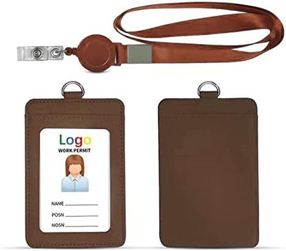 HYCOPROT ID Badge Holder with Lanyard Heavy Duty Retractable PU Leather Vertical Horizontal ID Card Holders with Kevlar Pull Cord for Office School Driver Licence (Vertical, Coffee)