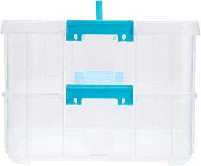 BTSKY 2 Layer Stack & Carry Box, Plastic Multipurpose Portable Storage Container Box Handled Organizer Storage Box for Organizing Stationery, Sewing, Art Craft, Jewelry and Beauty Supplies Blue