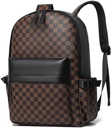 Retro men's business plaid backpack can hold a 15.6-inch laptop, women's stylish travel waterproof leather backpack. (brown-17.3-inch)