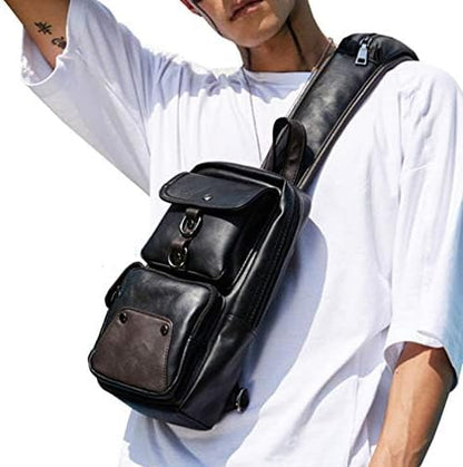 Hebetag Leather Sling Bag Crossbody Backpack for Men Women Travel Outdoor Camping