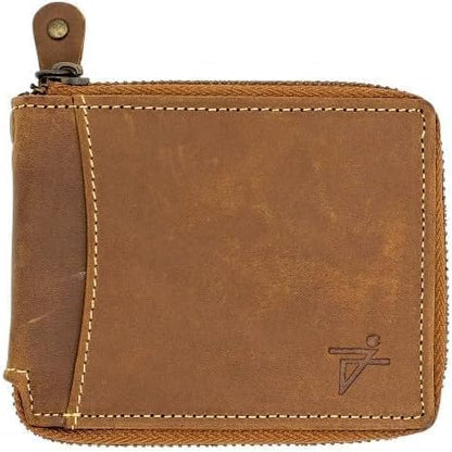 RFID Safe Leather Bi-fold Wallet for Men Zip around Purse for Women Biker's Trucker YKK Metal Zipper Closure, Flip up window ID without Biker Chain