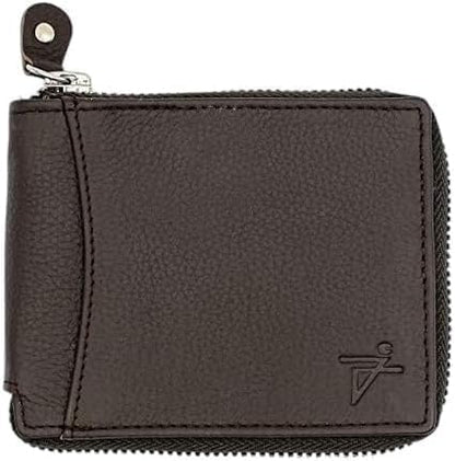RFID Safe Leather Bi-fold Chain Wallet for Men Zip around Purse for Women Biker's Trucker YKK Metal Zipper Closure Filp up window ID (Brown without Chain)