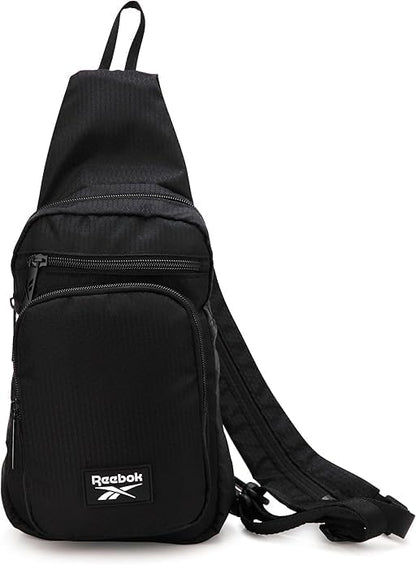 Reebok Unisex Crossbody Sling Bags – Compact Convertible Strap Cross Body Bag Travel Sling Bag - Gym & Travel Essential, Cosmos Black With White Logo