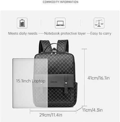 Retro men's business plaid backpack can hold a 15.6-inch laptop, women's stylish travel waterproof leather backpack. (Black circle-16.1inch)