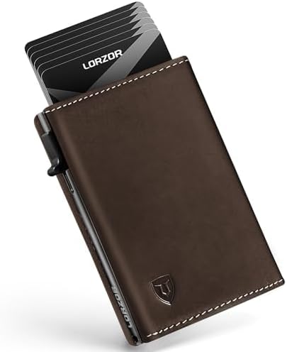 LORZOR Wallet for Men with Metal Card Holder, Pop Up Wallet, Finest Full Grain Leather Trifold Wallet, Smart, Minimalist, RFID Blocking, Front Pocket, ID Window, Brown/Grey