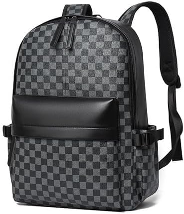Retro men's business plaid backpack can hold a 15.6-inch laptop, women's stylish travel waterproof leather backpack. (black-17.3-inch)