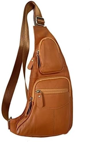 Hebetag Small Leather Sling Bag Crossbody Backpack for Men Women Travel Outdoor Sports Hiking Camping Shoulder Chest Day Pack Daypack Yellow Brown