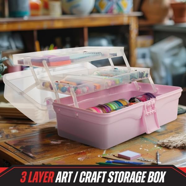 14” Plastic Tackle Box Organizer - 3-Layer Portable Sewing Box, Art Caddy, Craft Storage, First Aid Medicine Utility Toolbox or Hair Accessories Organizer with Latch and Handle by Stalwart (Pink)