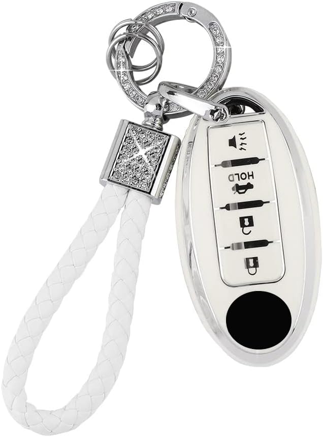 PIFOOG Key Fob Cover for Nissan 4 Button Murano Sentra Altima Rogue Kicks Armada Pathfinder Car Accessories TPU Smart Keys Case Shell Cute Bling Keychain Girly Women White