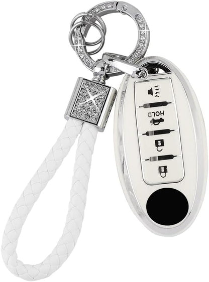 PIFOOG Key Fob Cover for Nissan 4 Button Murano Sentra Altima Rogue Kicks Armada Pathfinder Car Accessories TPU Smart Keys Case Shell Cute Bling Keychain Girly Women White