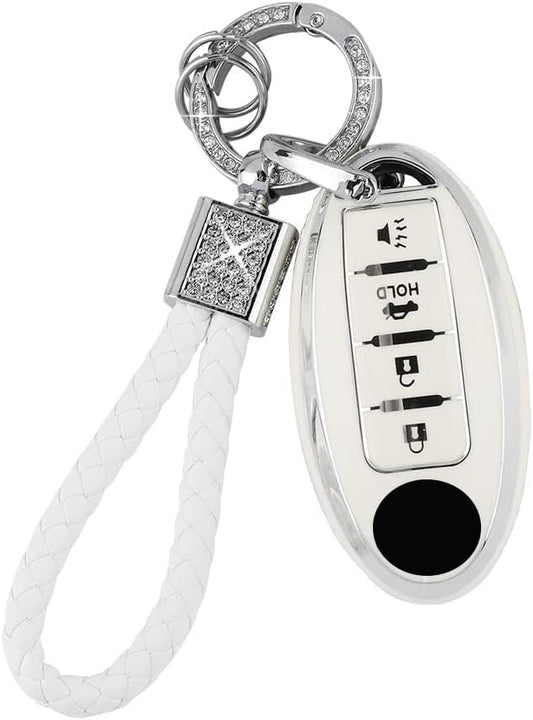 PIFOOG Key Fob Cover for Nissan 4 Button Murano Sentra Altima Rogue Kicks Armada Pathfinder Car Accessories TPU Smart Keys Case Shell Cute Bling Keychain Girly Women White