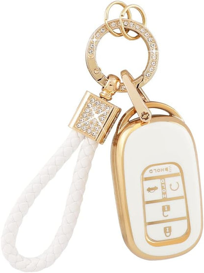 PIFOOG Key Fob Cover Fit for Honda 2025 2024 2023 CRV Civic Accord Pilot HRV 5 Button Car Smart Keys Shell Case with Bling Keychain Full Protector Accessories White Gold TPU Cute Girly Women