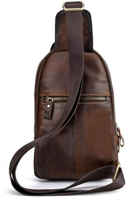 Hebetag Leather Sling Bag Crossbody Backpack for Men Women Outdoor Travel Camping Hiking Shoulder Chest Day Pouch Casual Vintage Sling Daypack Coffee