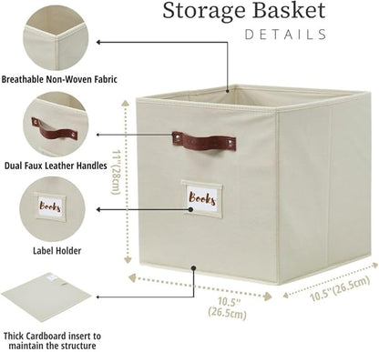DECOMOMO Storage Bins, Cube Storage Bin with Labels, Fabric Storage Cubes for Shelves (10.5" x 11" / 2pcs, Beige)