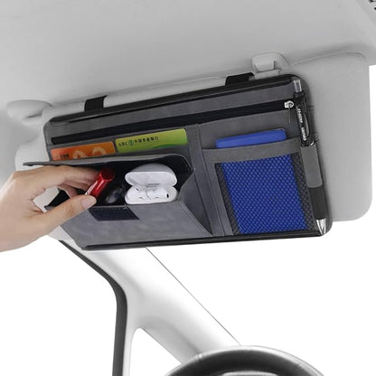 Car Sun Visor Organizer - Glasses Case, Note Holder, Suede Zipper, Card Holder - Gray