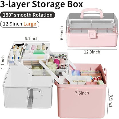 12.9in Three-Layer Multipurpose Storage Box with Handle Portable Tackle Box Folding Art & Craft Case Sewing Supplies Organizer for Makeup, Medicine, Nail, Hair Accessories (White)