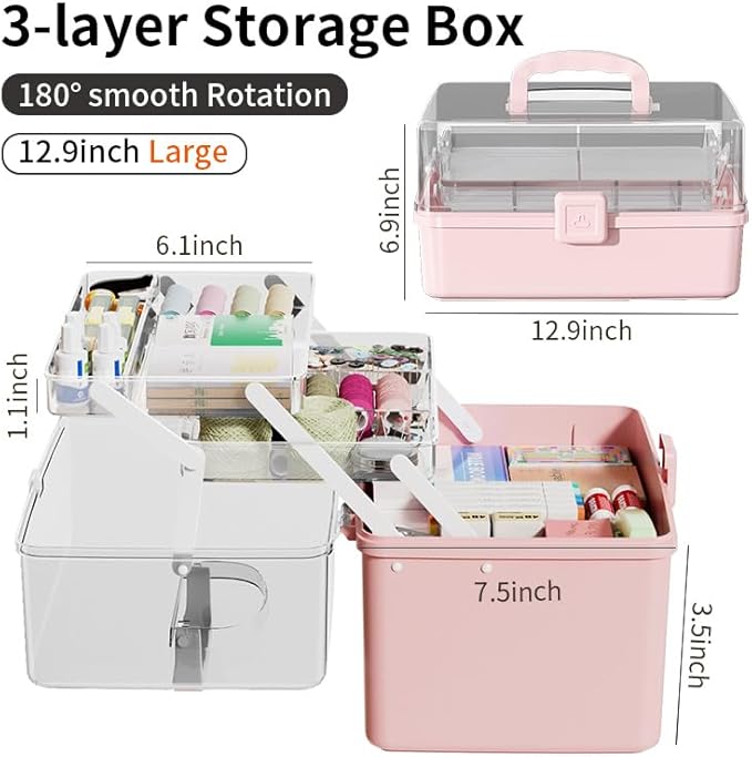 12.9in Three-Layer Multipurpose Storage Box with Handle Portable Tackle Box Folding Art & Craft Case Sewing Supplies Organizer for Makeup, Medicine, Nail, Hair Accessories (Pink)