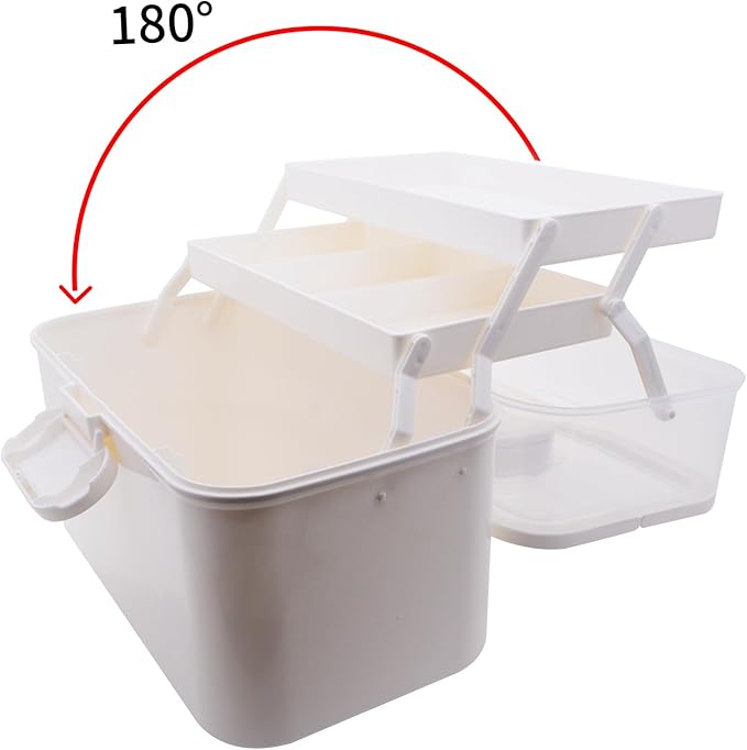 Portable Clear Medicine Box Empty, Family First Aid Dispenser/Art & Crafts Case/Folding Tool Organizer/Multipurpose Storage Container 3-Layers Storage Bin for Family Emergency (White)