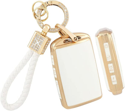 PIFOOG Key Fob Cover for Mazda 4 Buttons White Gold TPU Car Keys Case Shell Protector Bling Keychain Ring for Mazda 3 6 CX5 CX9 CX30 CX50 MX5 Smart Key Accessories Girly Women Cute