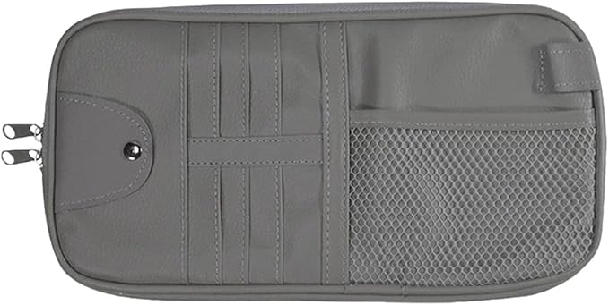 ZIMISI Car Visor Organizer, Double Zipper Sunglass Holder with Elastic Bands, PU Leather Car Storage Holder, Multi-Pocket Storage Pouch, Sun Visor Organizer for Most Cars (Grey)