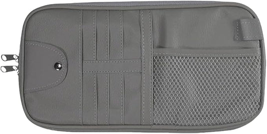 ZIMISI Car Visor Organizer, Double Zipper Sunglass Holder with Elastic Bands, PU Leather Car Storage Holder, Multi-Pocket Storage Pouch, Sun Visor Organizer for Most Cars (Grey)