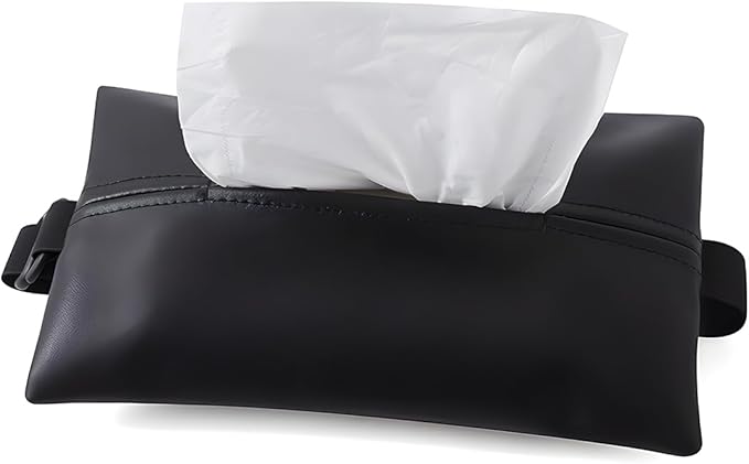 YoRise Car Tissue Holder, PU Leather Car Napkin Holder with Adjustable Strap, Center Console Tissues Box Cover, Sun Visor Organizer Keep Auto Tidy, Vehicle Headrest Storage Accessories (Black)
