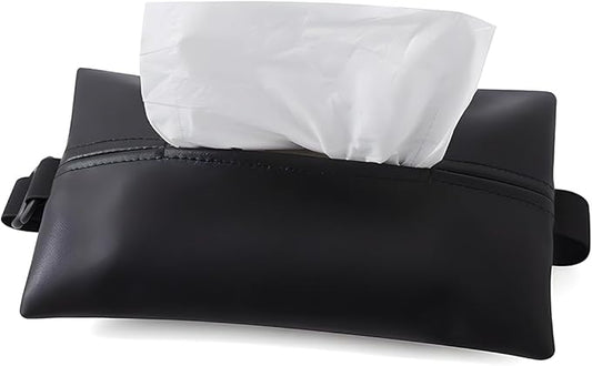 YoRise Car Tissue Holder, PU Leather Car Napkin Holder with Adjustable Strap, Center Console Tissues Box Cover, Sun Visor Organizer Keep Auto Tidy, Vehicle Headrest Storage Accessories (Black)