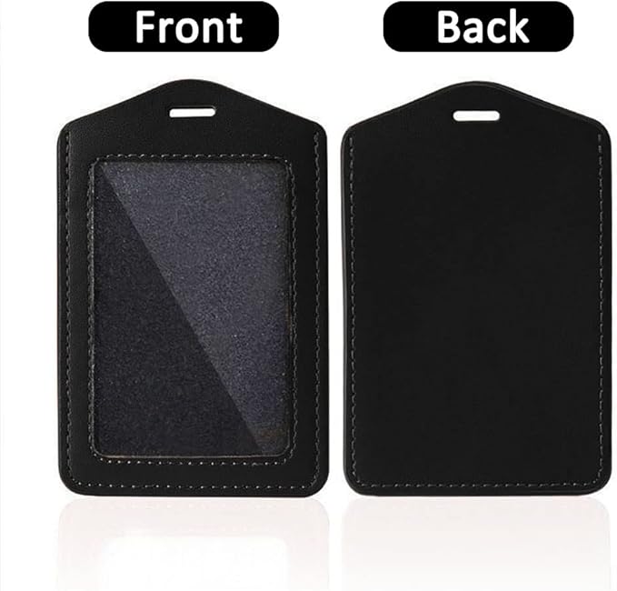 Larpur Pack of 2 Genuine Leather Badge Holders with 1 Clear ID Window, Vertical ID Card Holders for Work, School, Exhibition, Black