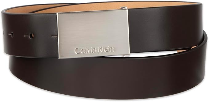 Calvin Klein Men's Plaque Buckle Belt - Casual Modern Style With Logo Detail for Jeans and Dress Pants
