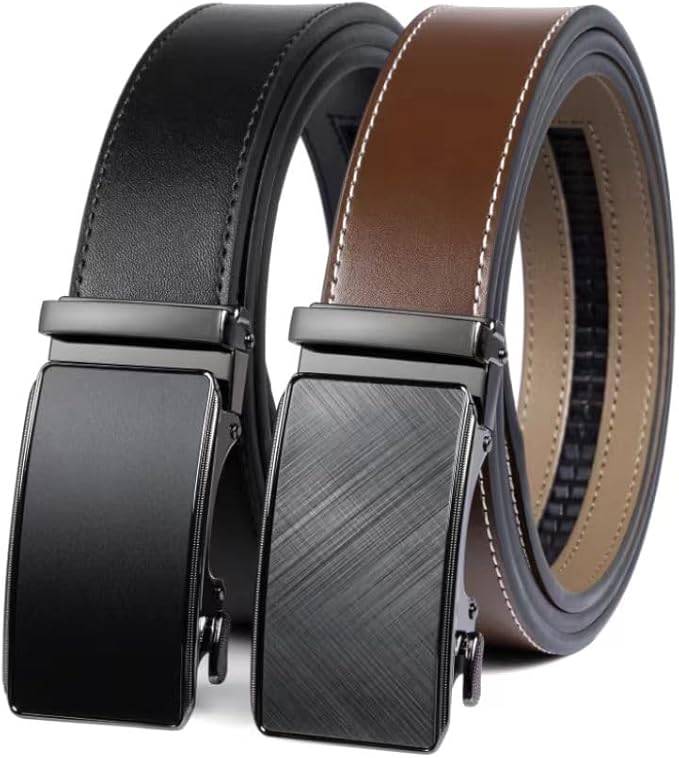 2 Pack Ratchet Belt 1 3/8", Mens leather Dress Belt in Gift Set Size 28"-62" Adjustable waist Trim to Fit