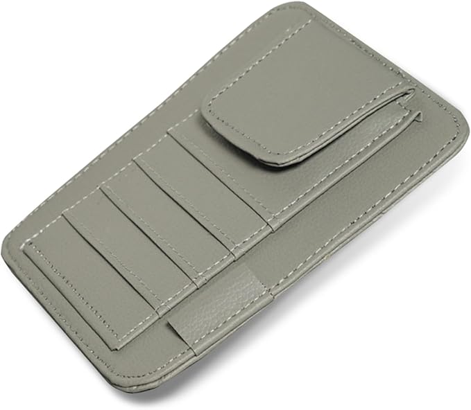 Small Leather Car Sun Visor Organizer, 4.9" x 6.1" Multifunctional Strap-On Document Sunshade Storage Holder for Card Pen Sunglasses License, Universal for Most Cars Trucks SUVs (Gray)