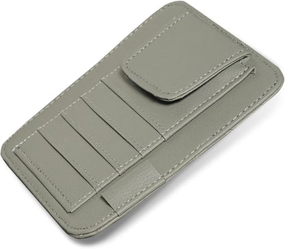 Small Leather Car Sun Visor Organizer, 4.9" x 6.1" Multifunctional Strap-On Document Sunshade Storage Holder for Card Pen Sunglasses License, Universal for Most Cars Trucks SUVs (Gray)