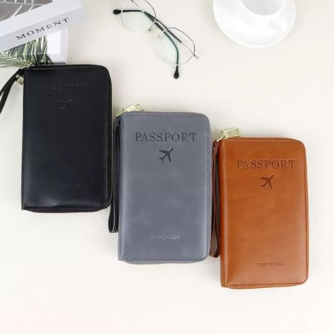 Multi-Functional RFID Passport Wallet,Travel Wallet for Men & Women,With zipper, anti-theft passport holder，Slim Leather Cover for Credit Cards, Tickets, Cash (Black)