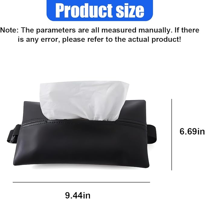 YoRise Car Tissue Holder, PU Leather Car Napkin Holder with Adjustable Strap, Center Console Tissues Box Cover, Sun Visor Organizer Keep Auto Tidy, Vehicle Headrest Storage Accessories (Black)