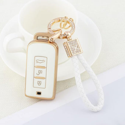 PIFOOG Key Fob Cover for Mitsubishi Accessories Outlander Lancer Mirage Car Keys Shell Case Protector Full Covers Bling Keychain Girly Women White Gold Soft TPU