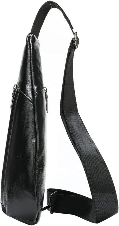 Hebetag Leather Crossbody Sling Bag for Men Women Single Shoulder Chest Pack Backpack Outdoor Travel Camping Casual Daypack Black