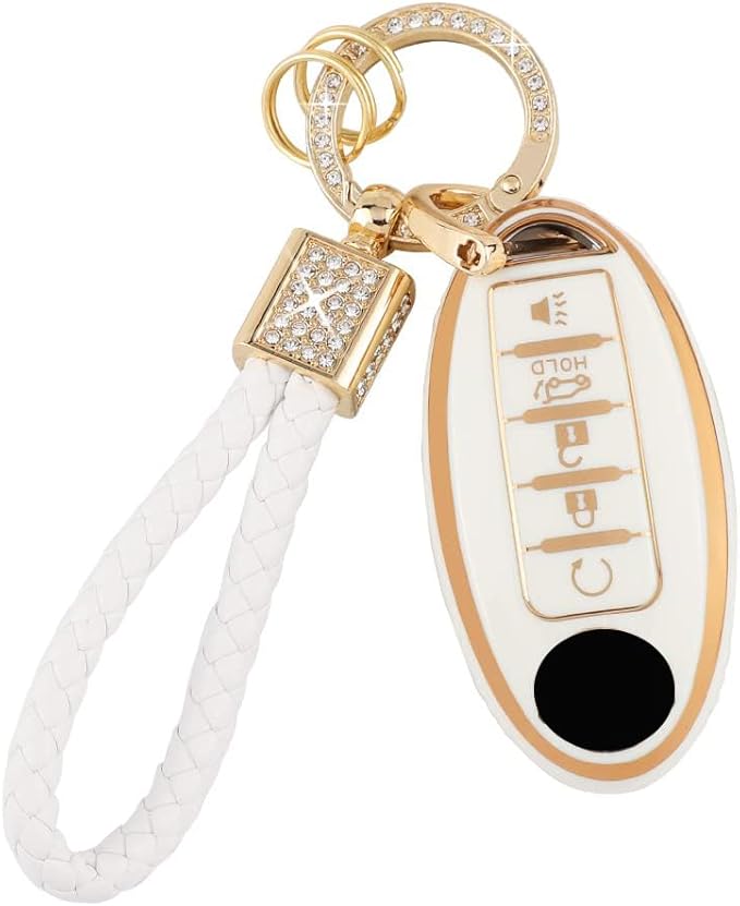 PIFOOG Accessories for Nissan Key Cover TPU Car Keys Shell Chain Waterproof Fit Altima Sentra Rogue Pathfinder Murano Armada Maxima Versa Remote Key White Girly