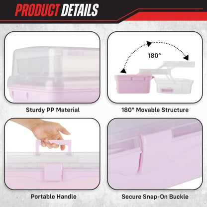14” Plastic Tackle Box Organizer - 3-Layer Portable Sewing Box, Art Caddy, Craft Storage, First Aid Medicine Utility Toolbox or Hair Accessories Organizer with Latch and Handle by Stalwart (Pink)