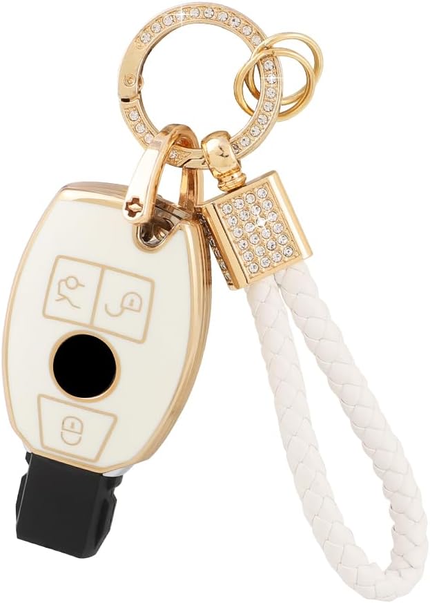PIFOOG for Mercedes Benz Key Fob Cover Key Chain Girly Women TPU Keys Shell Case 3 Buttons Protector Accessories for Mercedes C E S Class AMG GLA GLC GLE GLK CLA CLS GLS White Gold