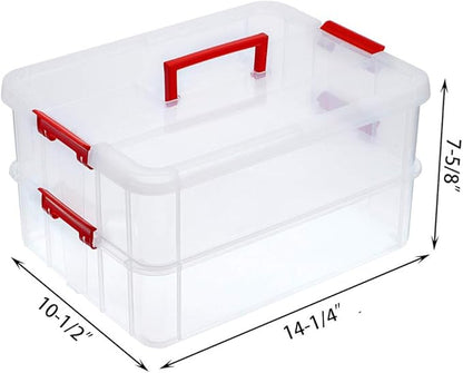 JUXYES 2-Tiers Stack Carry Storage Box With Handle, Transparent Stackable Storage Bin With Handle Lid Latching Storage Container for School & Office Supplies (Red)