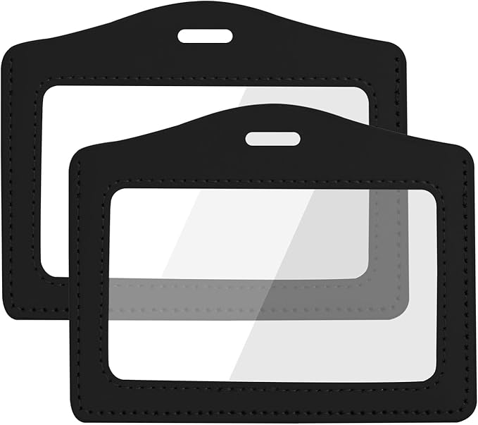 Horizontal Badge Holder, Badge Protector Horizontal 2 PCS Genuine Leather ID Badge-Holder Bus Pass Holder with Clear Window Black Leather ID Holders for Office, Staff, Employees, Teachers, etc