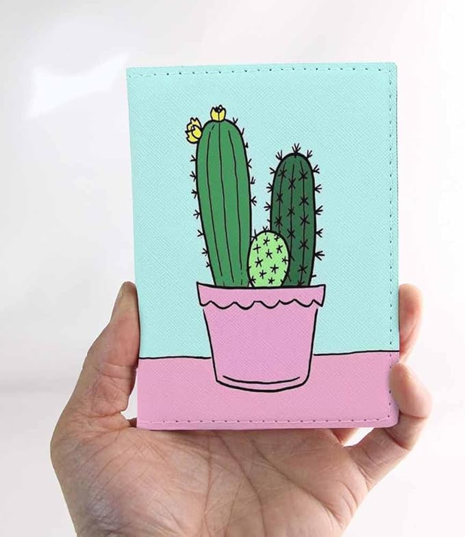 Cactus Passport Holder for Travel Green Cactus in Pink Flowerpot PU Leather Passport Cover Wallet Cute Passport Card Holder for Women and Men