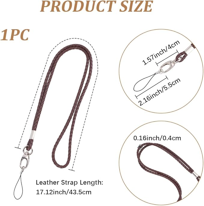 Braided PU Leather Lanyard 33.86 Inch Strong Office Long Neck Strap Handmade Necklace Badge Lanyards Wristlet Bracelet Keychain Cord with Metal Clasp for ID Card Holder Keys (Coconut Brown)