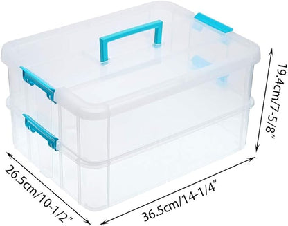 BTSKY 2 Layer Stack & Carry Box, Plastic Multipurpose Portable Storage Container Box Handled Organizer Storage Box for Organizing Stationery, Sewing, Art Craft, Jewelry and Beauty Supplies Blue