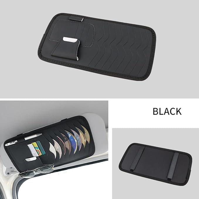 1Pc Leather Car CD Holder, Car Visor CD Storage Pocket, Multi-functional Storage Folder for CDs Sunglasses Cards Pens, Universal Interior Accessories for Cars (Black)