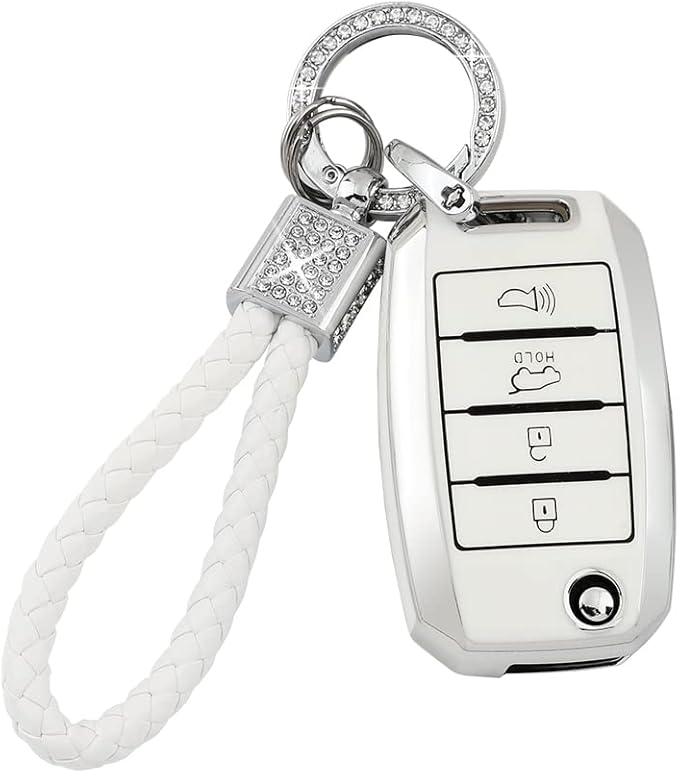 PIFOOG for Kia Key Fob Cover TPU White Silver 4 Buttons Keys Case Shell Protector Bling Keychain for Kia Sorento Optima Soul Sportage Niro Forte Rio Accessories Girly Women Men