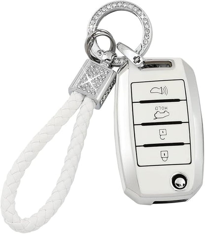 PIFOOG for Kia Key Fob Cover TPU White Silver 4 Buttons Keys Case Shell Protector Bling Keychain for Kia Sorento Optima Soul Sportage Niro Forte Rio Accessories Girly Women Men
