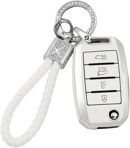 PIFOOG for Kia Key Fob Cover TPU White Silver 4 Buttons Keys Case Shell Protector Bling Keychain for Kia Sorento Optima Soul Sportage Niro Forte Rio Accessories Girly Women Men