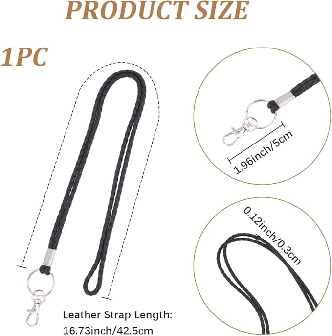 32.68 Inch PU Braided Leather Lanyard Strap Keychain Handmade Strong Office Long Neck Strap with Metal Clasp Wristlet Bracelet Necklace Badge Keychain Cord for ID Card Holder Keys (Black)